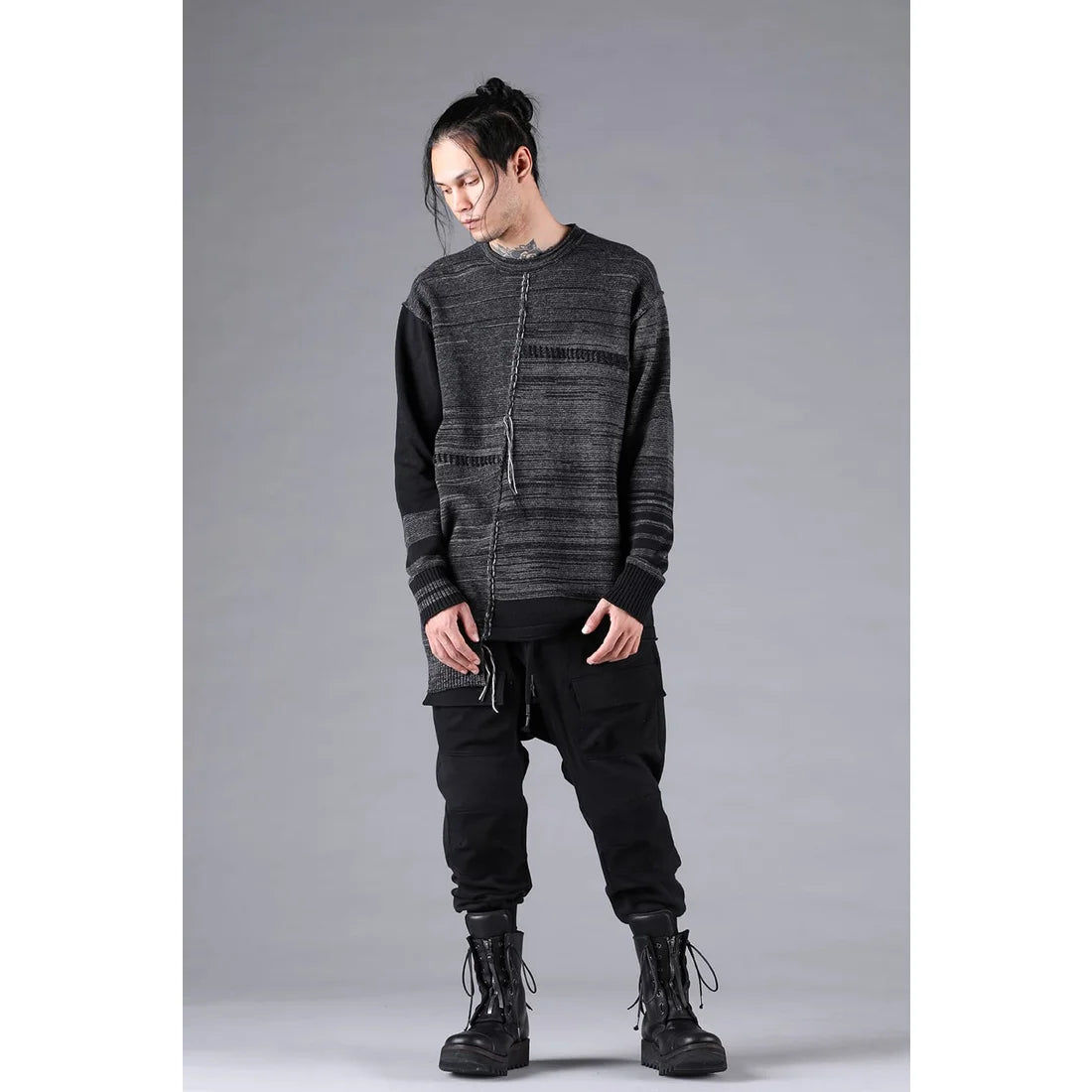 Black Untwisted Yarn Fleece Combination Wide Jogger Pants