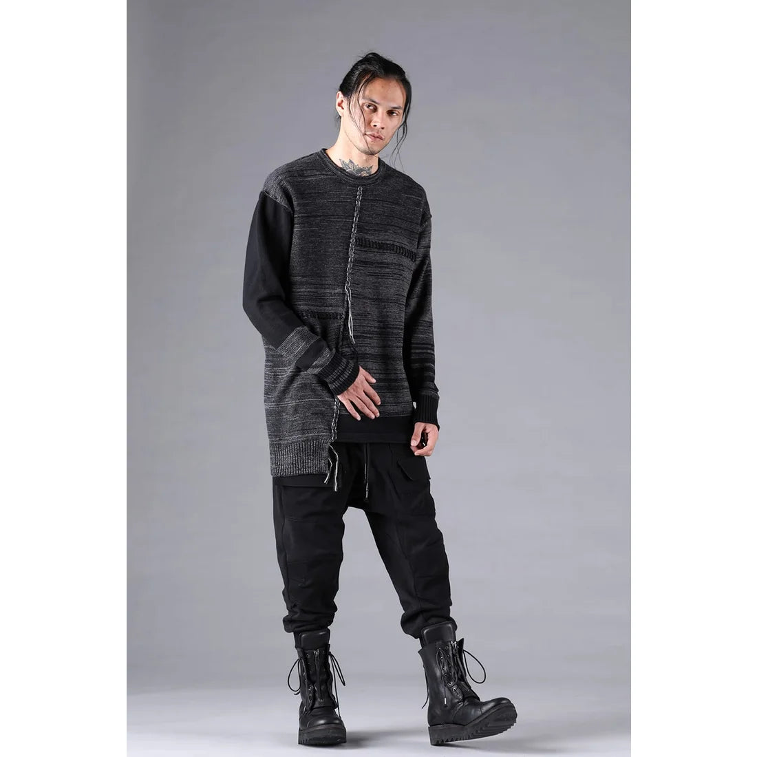 Black Untwisted Yarn Fleece Combination Wide Jogger Pants