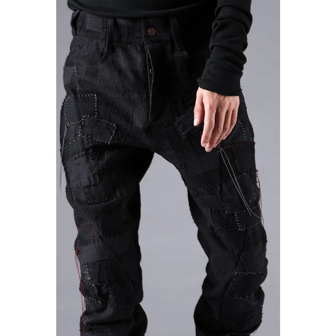 Black Hand Patchwork Crust Jacquard Overlock Twist Curve Pants