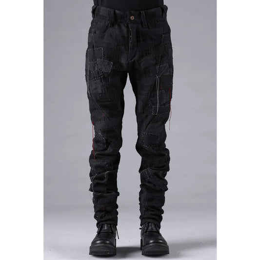 Black Hand Patchwork Crust Jacquard Overlock Twist Curve Pants