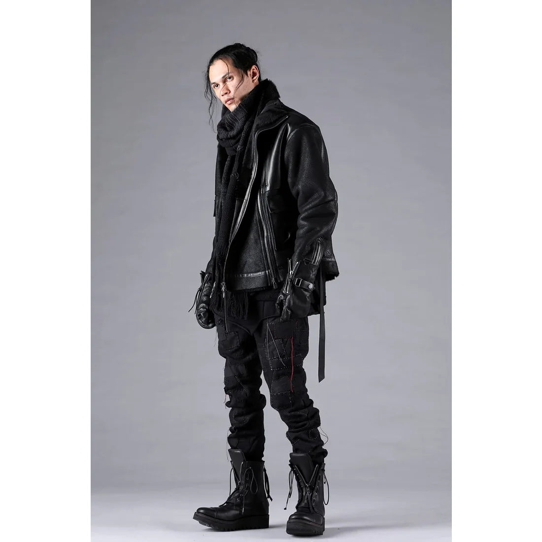 Black Hand Patchwork Crust Jacquard Overlock Twist Curve Pants