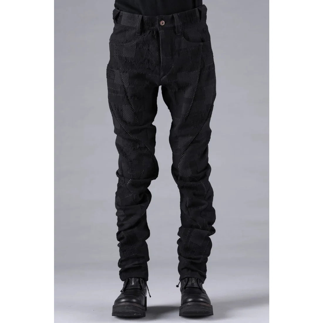 Black Hand Patchwork Crust Jacquard Overlock Twist Curve Pants