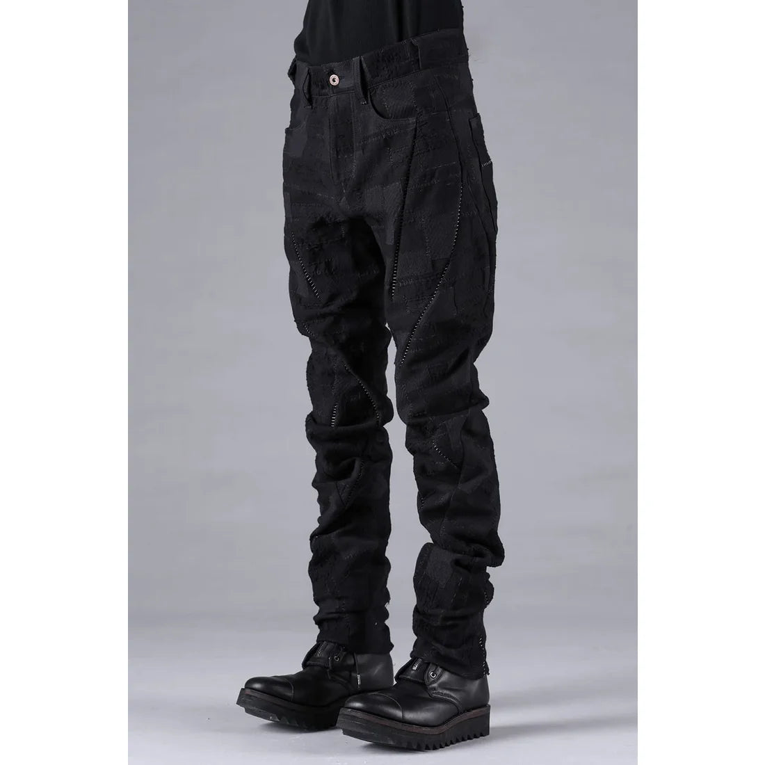 Black Hand Patchwork Crust Jacquard Overlock Twist Curve Pants