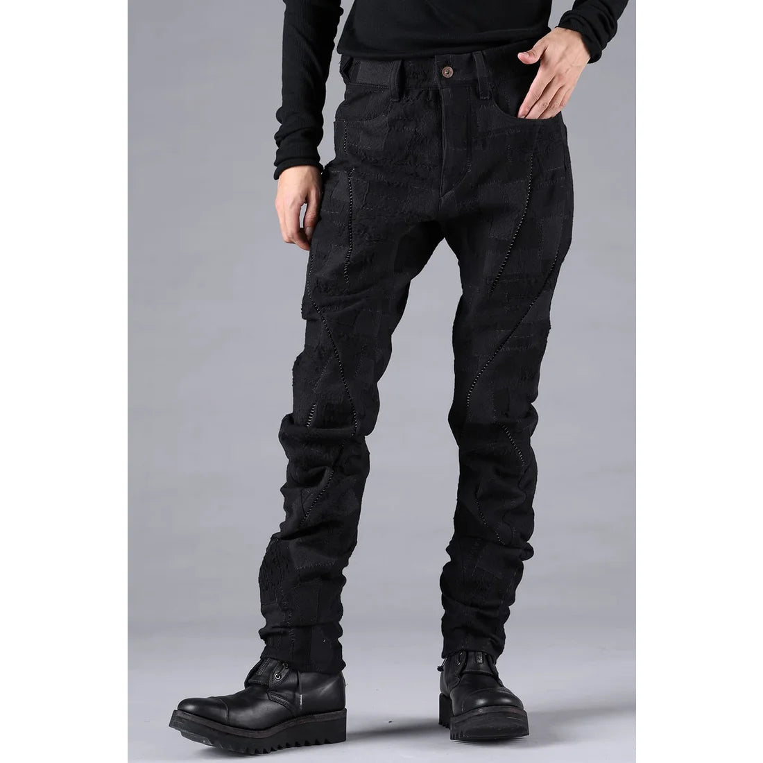 Black Hand Patchwork Crust Jacquard Overlock Twist Curve Pants
