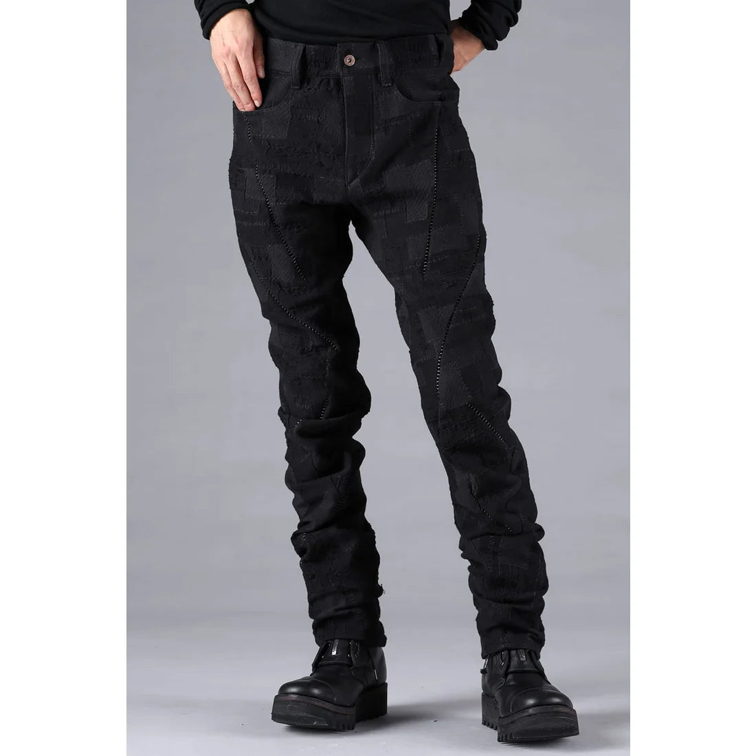 Black Hand Patchwork Crust Jacquard Overlock Twist Curve Pants