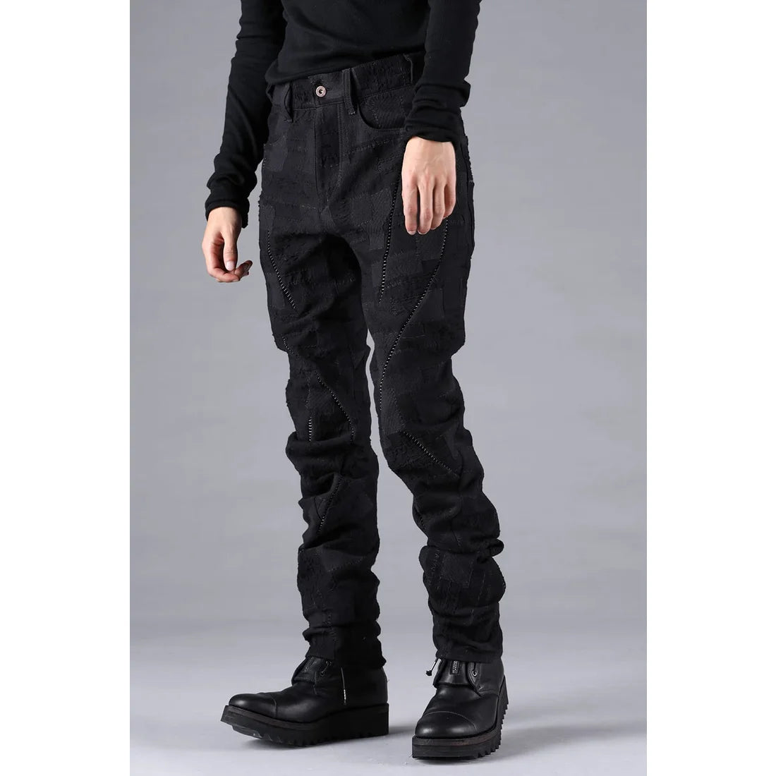 Black Hand Patchwork Crust Jacquard Overlock Twist Curve Pants