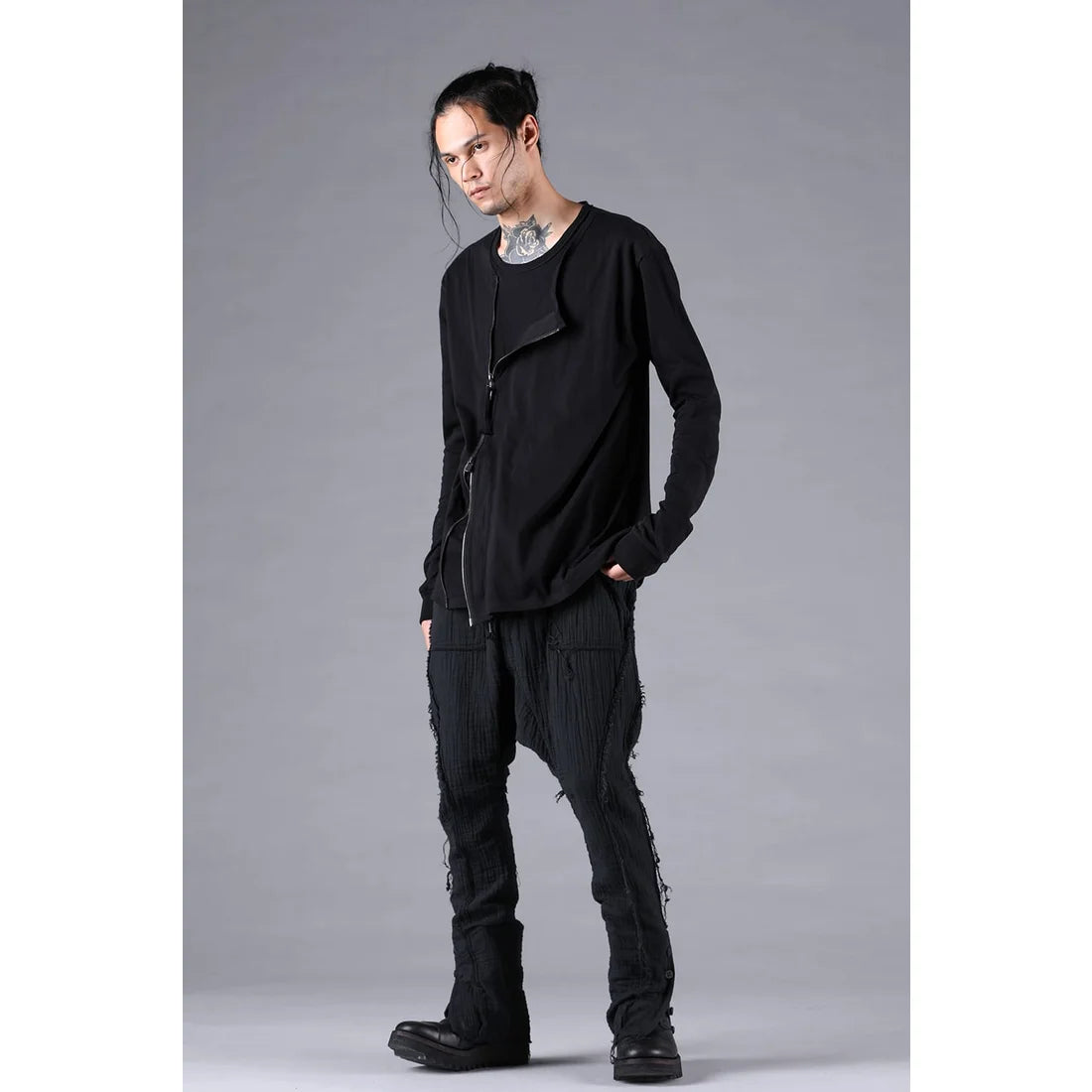 Black Soft Cotton Jersey Front Zipper Layered T-Shirt