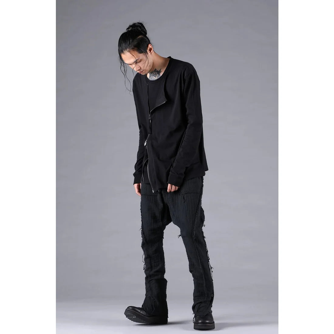 Black Soft Cotton Jersey Front Zipper Layered T-Shirt