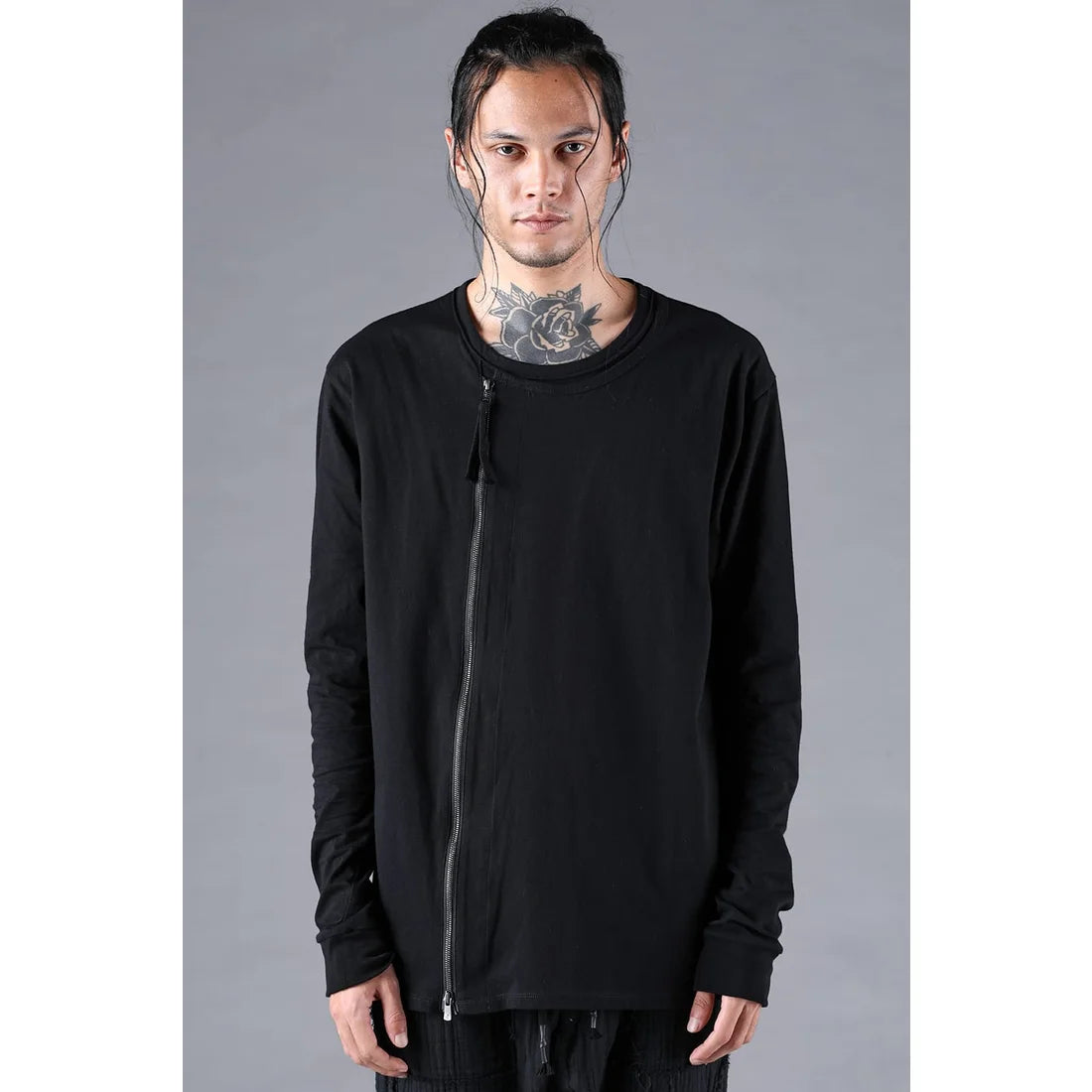 Black Soft Cotton Jersey Front Zipper Layered T-Shirt