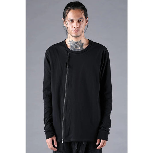 Black Soft Cotton Jersey Front Zipper Layered T-Shirt