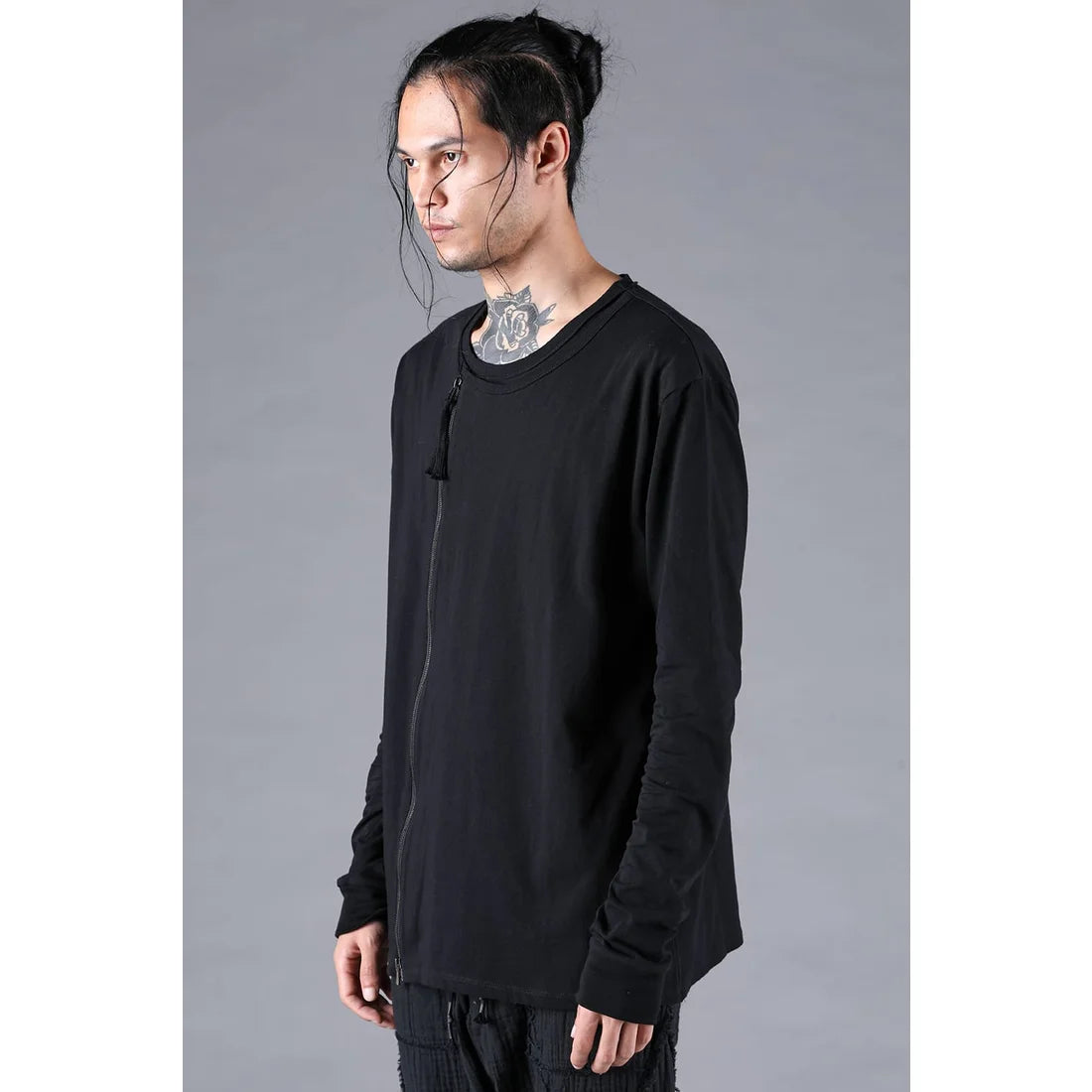 Black Soft Cotton Jersey Front Zipper Layered T-Shirt