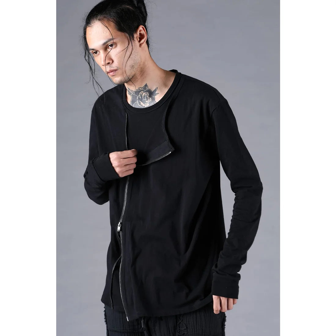 Black Soft Cotton Jersey Front Zipper Layered T-Shirt