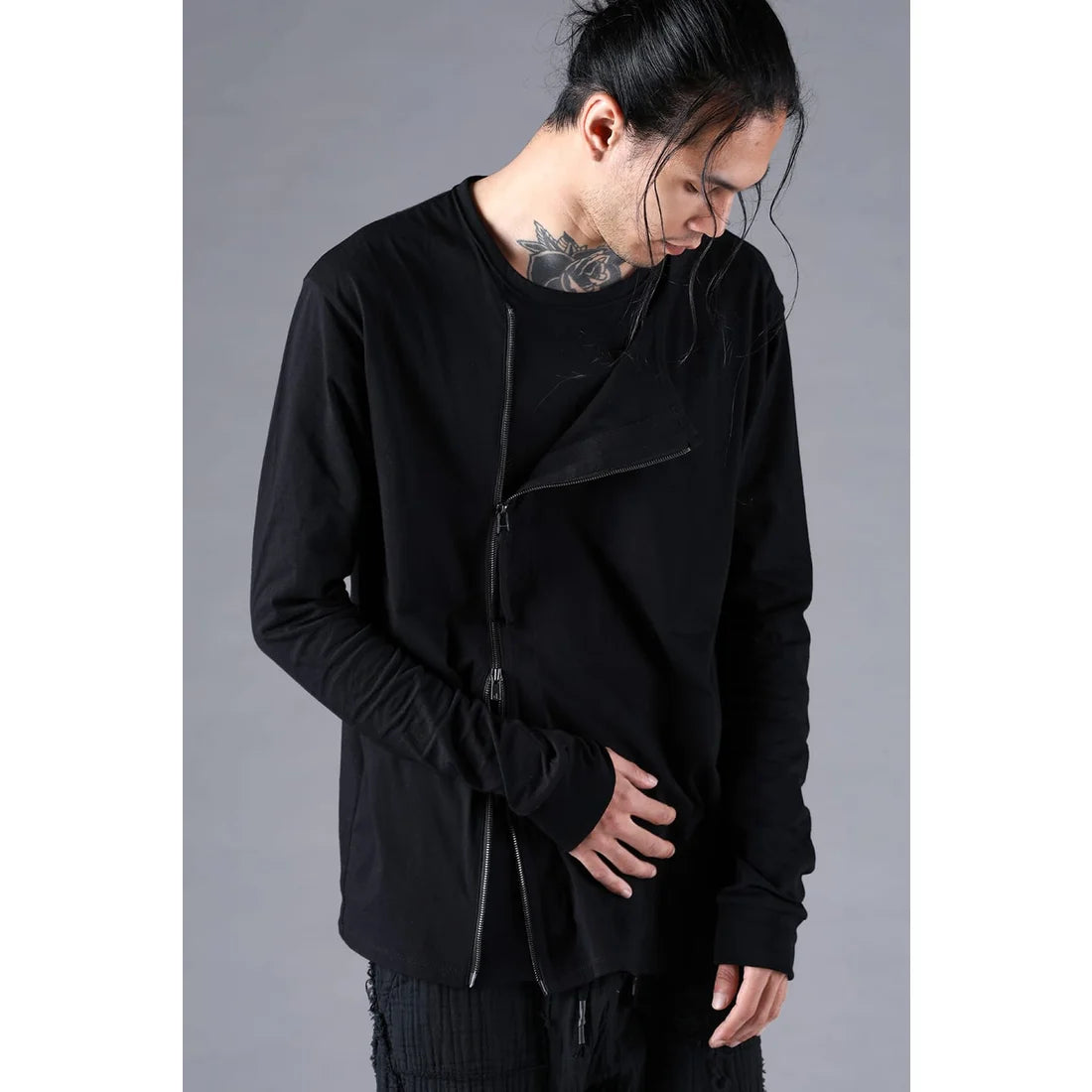 Black Soft Cotton Jersey Front Zipper Layered T-Shirt