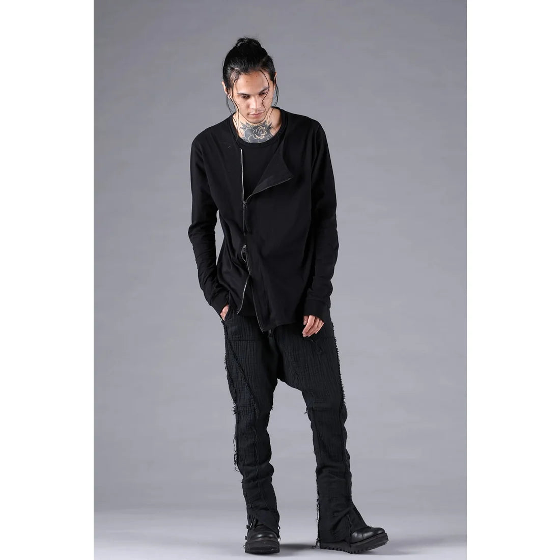Black Soft Cotton Jersey Front Zipper Layered T-Shirt