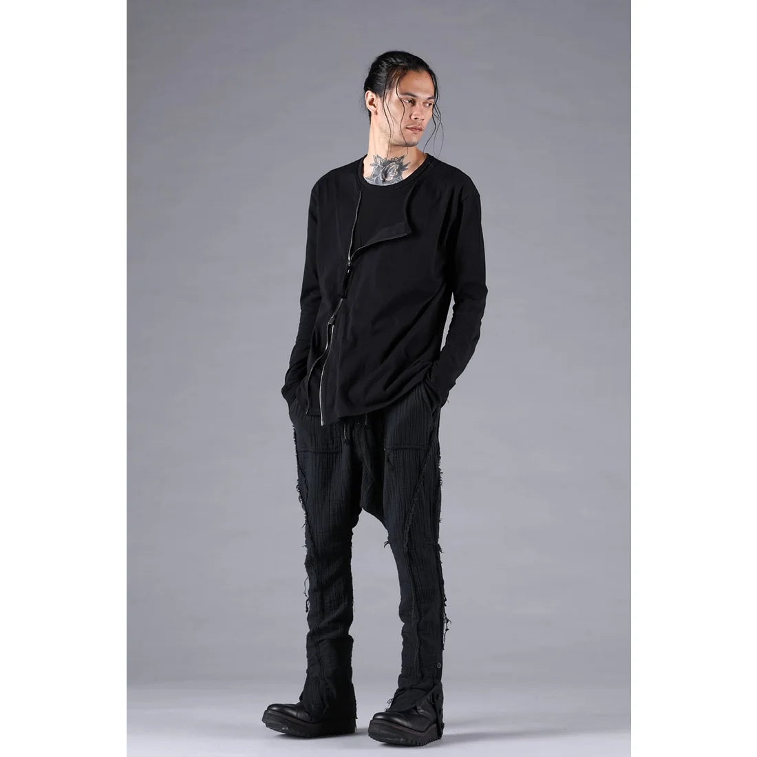 Black Soft Cotton Jersey Front Zipper Layered T-Shirt