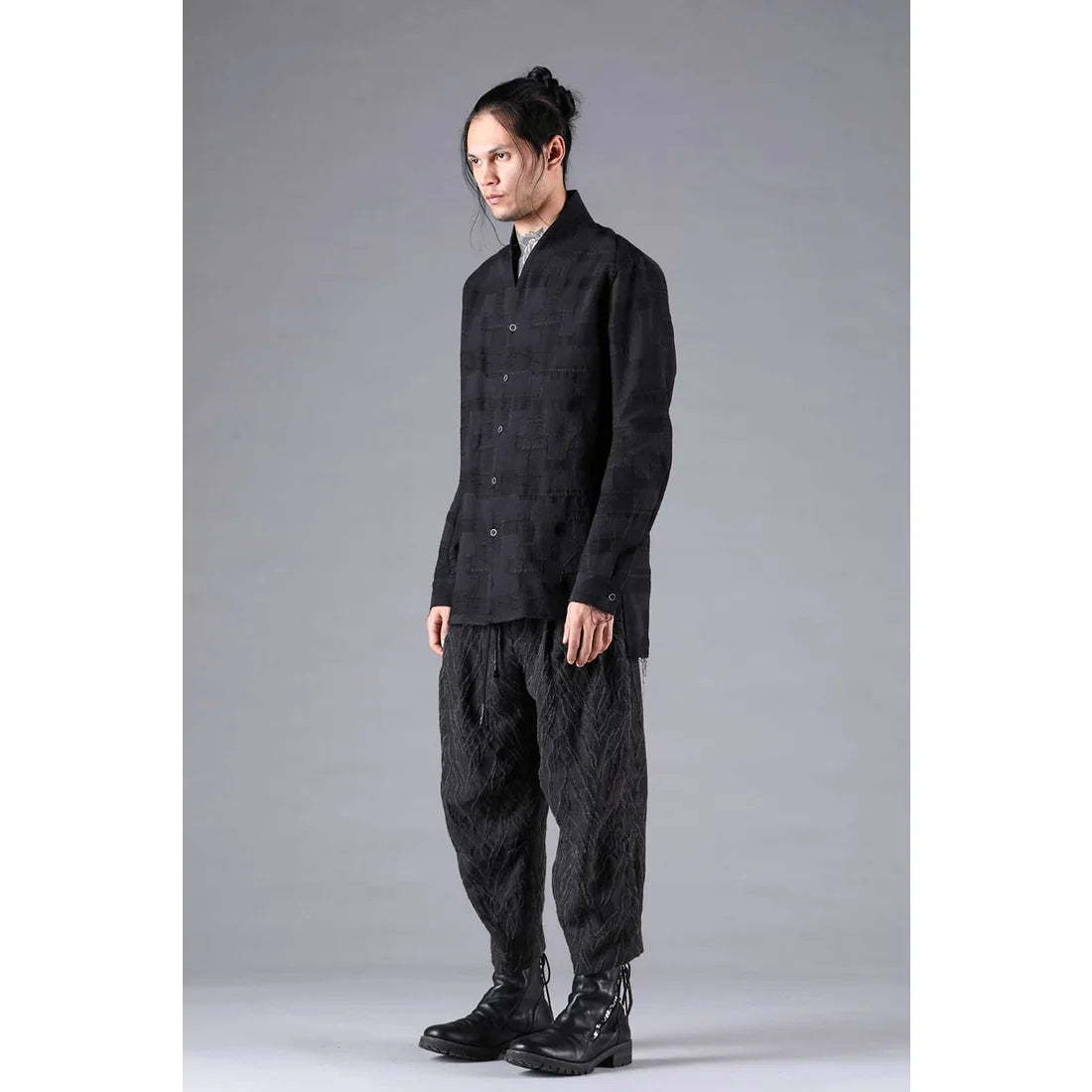 Black Crust Patchwork Jacquard Shawl Collar Shirt
