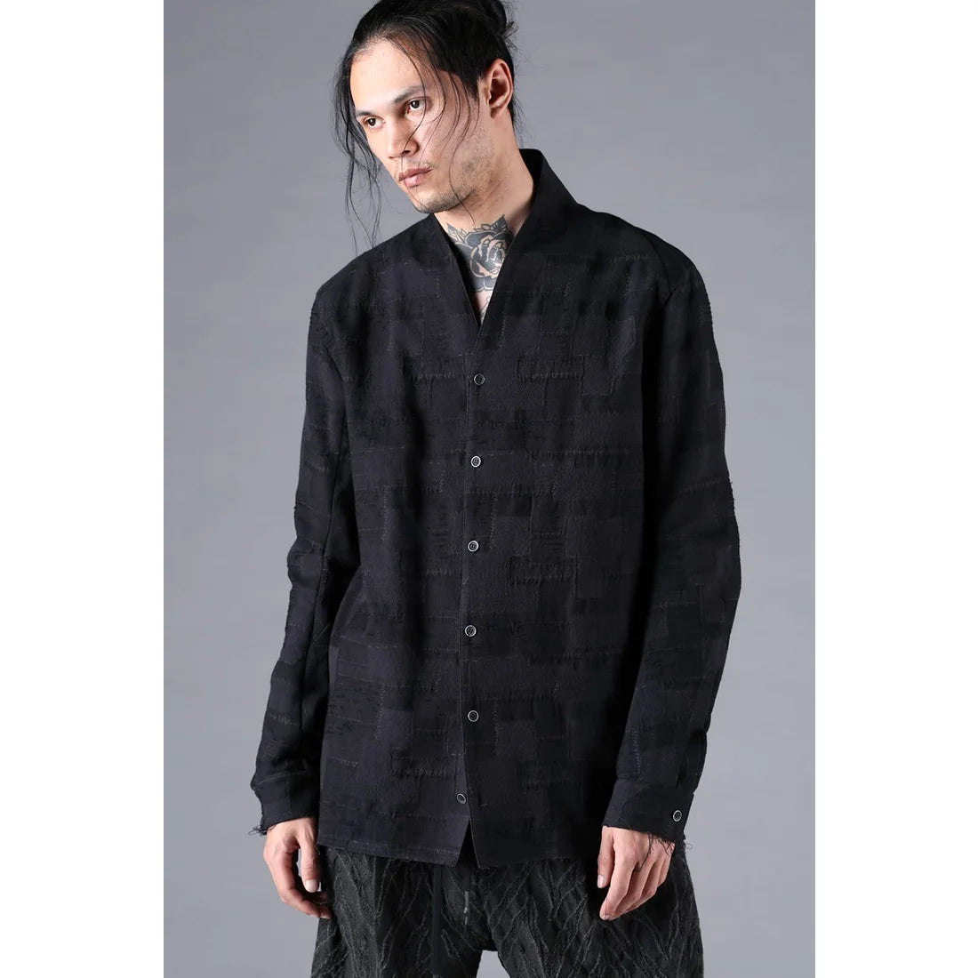 Black Crust Patchwork Jacquard Shawl Collar Shirt
