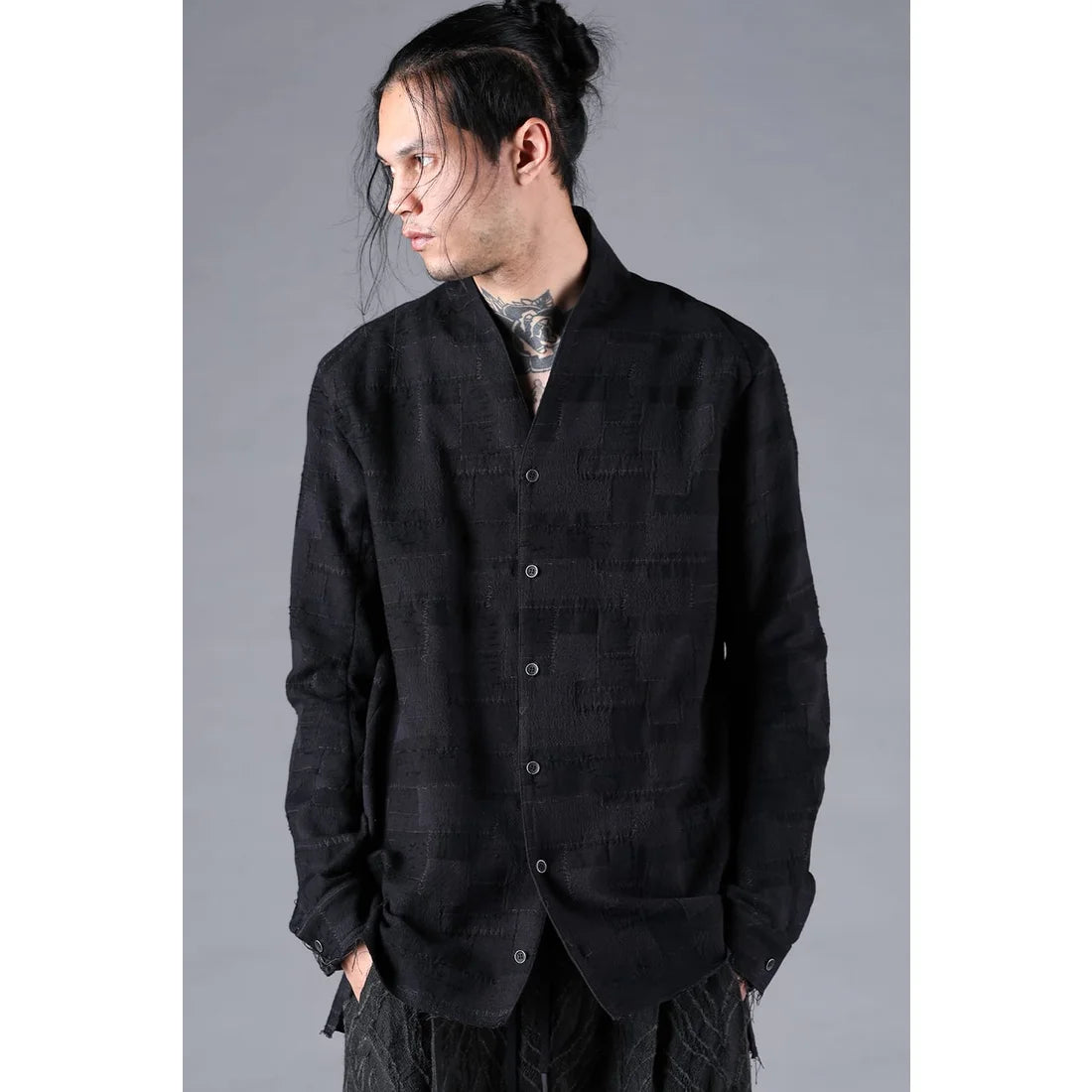 Black Crust Patchwork Jacquard Shawl Collar Shirt