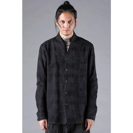 Black Crust Patchwork Jacquard Shawl Collar Shirt