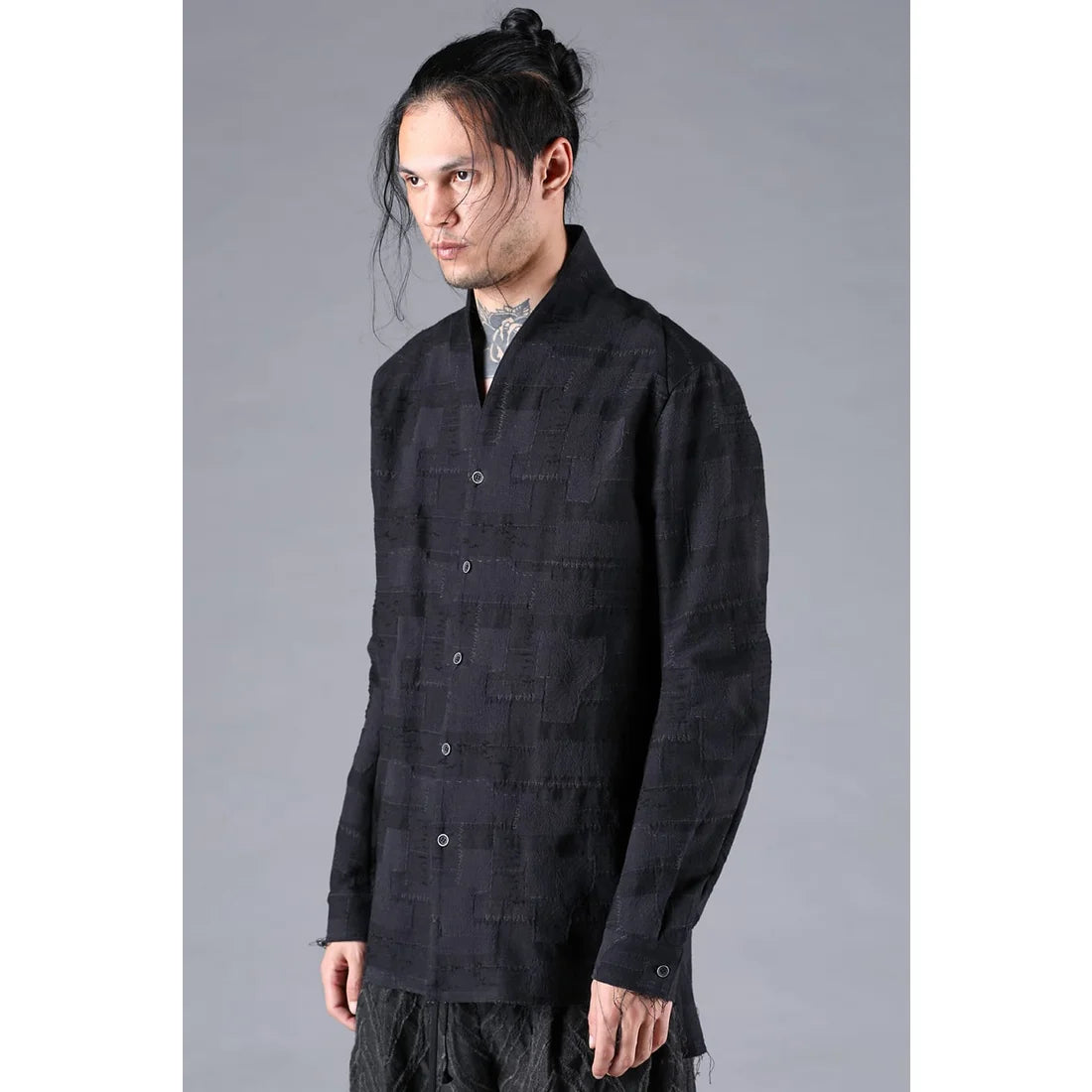 Black Crust Patchwork Jacquard Shawl Collar Shirt