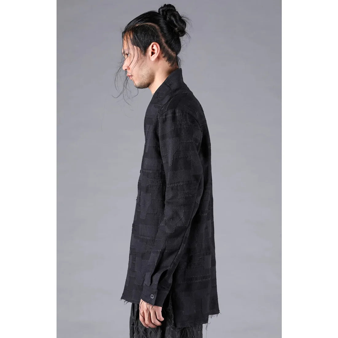Black Crust Patchwork Jacquard Shawl Collar Shirt