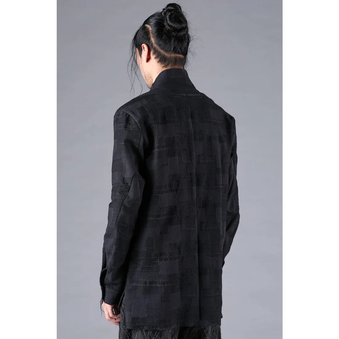Black Crust Patchwork Jacquard Shawl Collar Shirt
