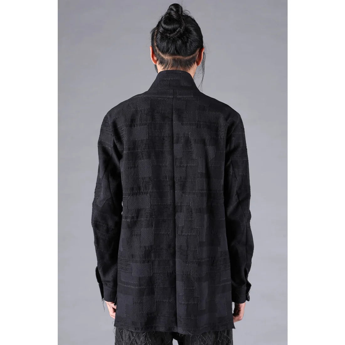Black Crust Patchwork Jacquard Shawl Collar Shirt