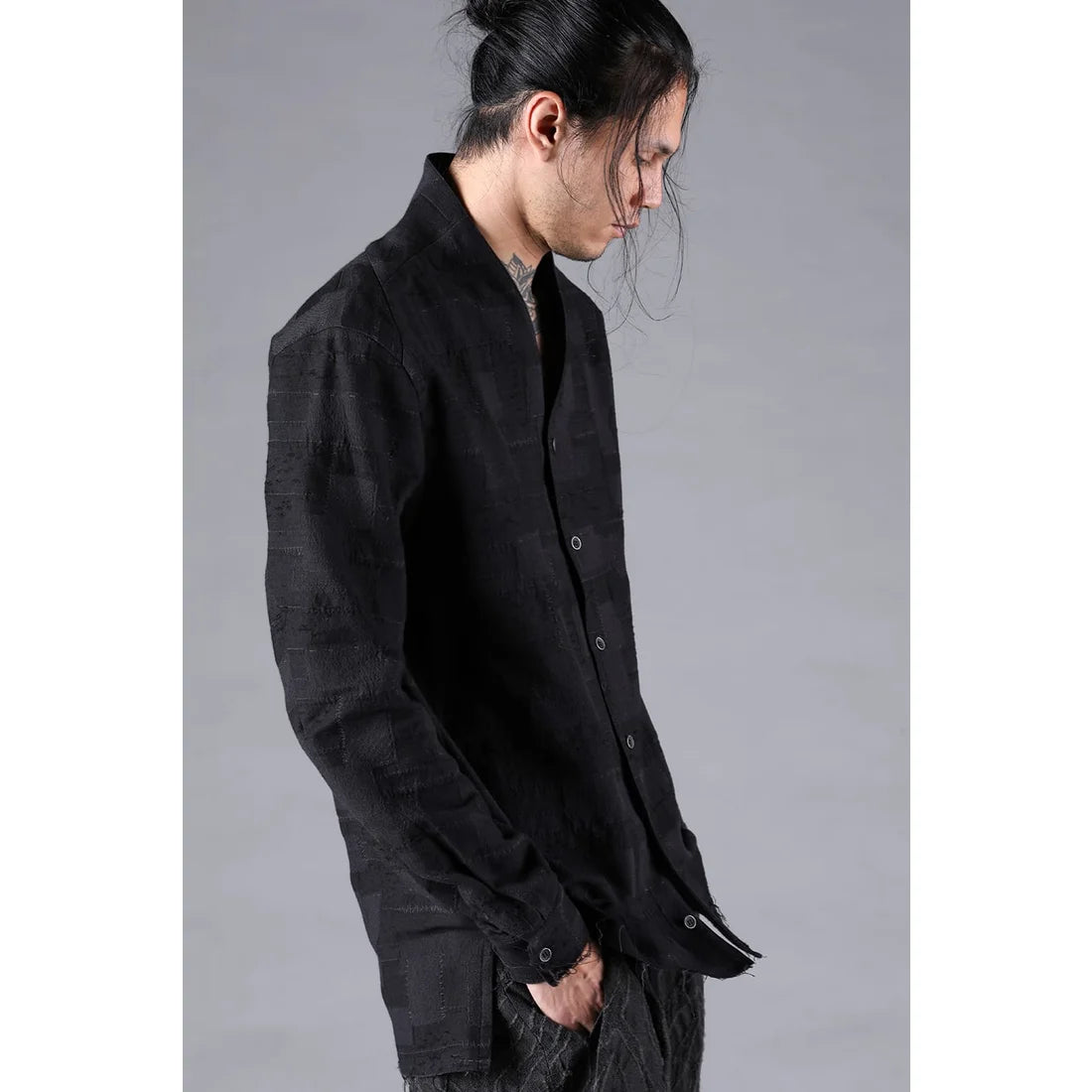 Black Crust Patchwork Jacquard Shawl Collar Shirt