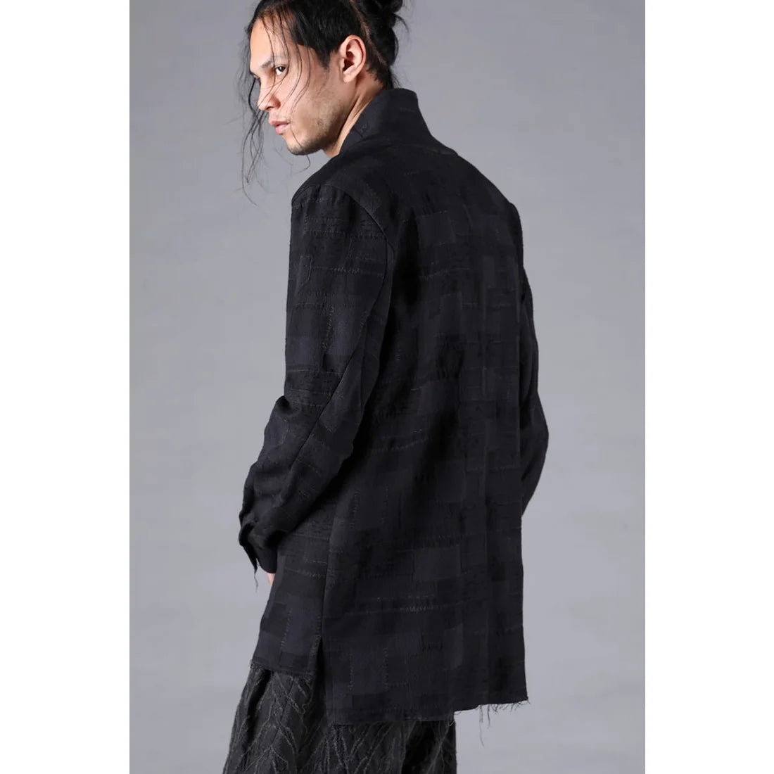 Black Crust Patchwork Jacquard Shawl Collar Shirt