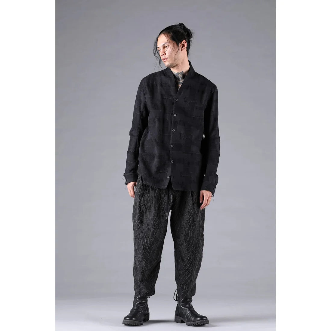Black Crust Patchwork Jacquard Shawl Collar Shirt