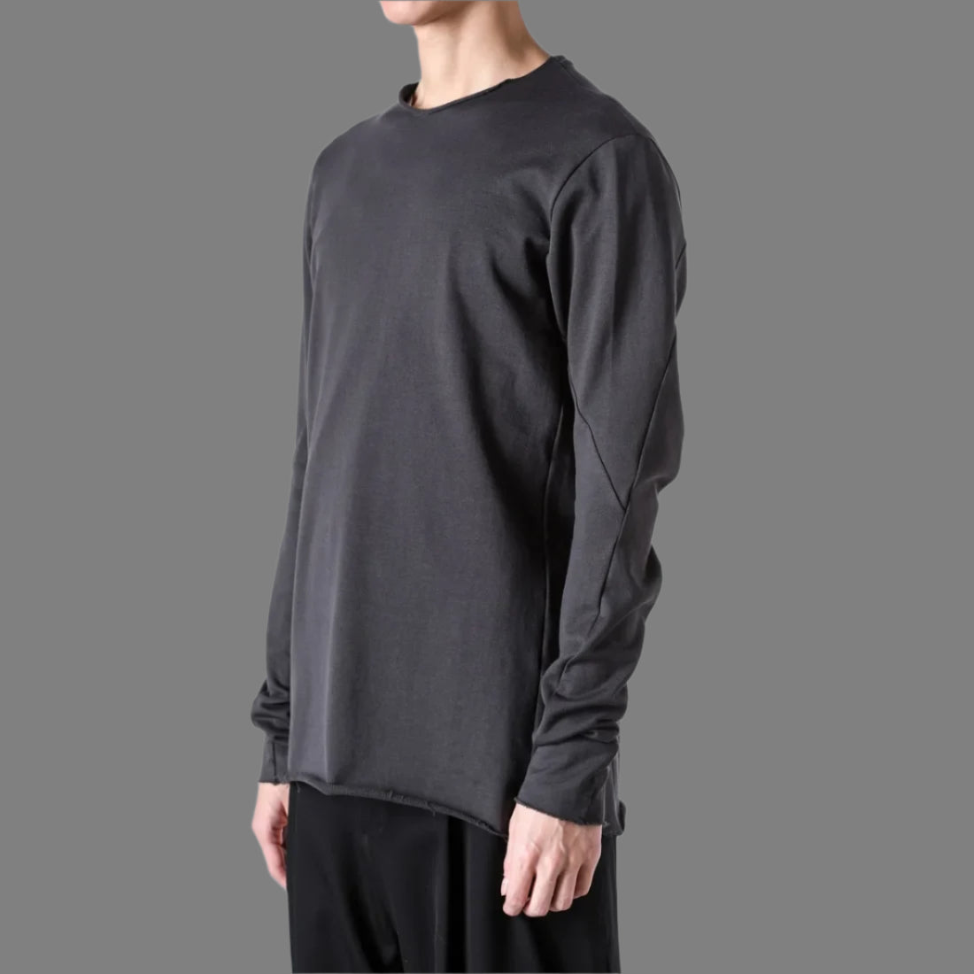 Charcoal Raw Edge Crewneck Raglan Cotton T-shirt