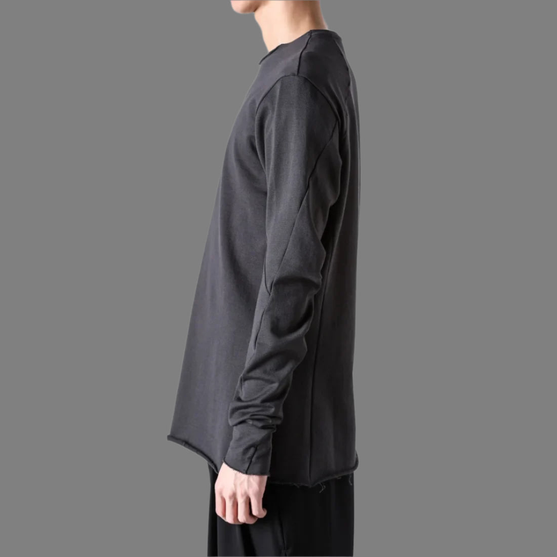 Charcoal Raw Edge Crewneck Raglan Cotton T-shirt