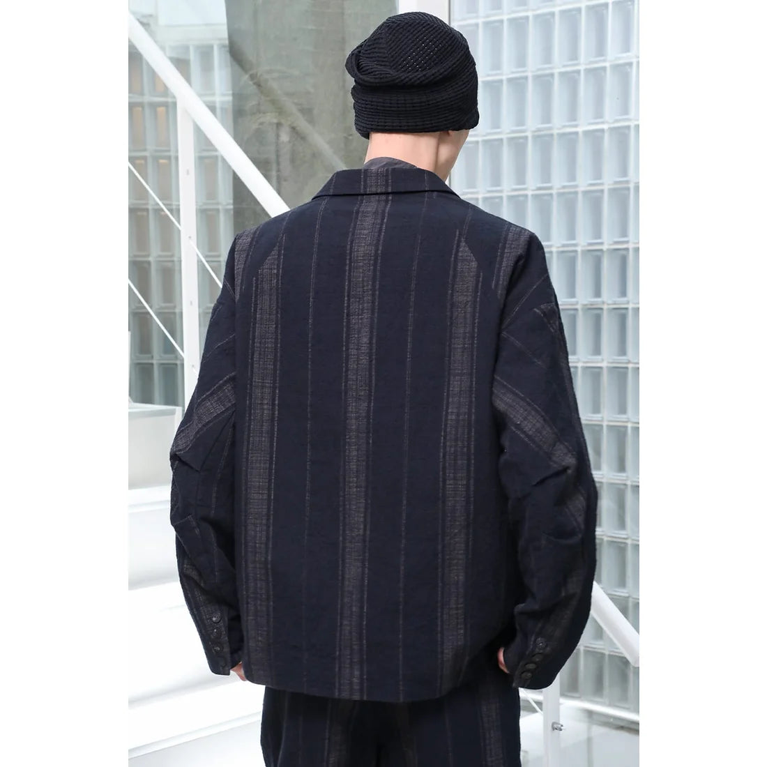 Black and Taupe Grey Textured Stripe Oversize Fit 5-Button Blazer