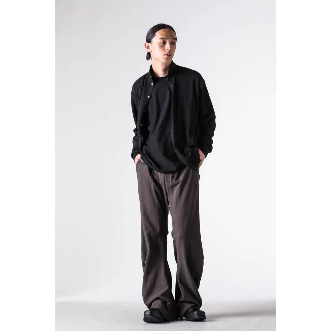 Black High Collar Knit Cardigan Shirt