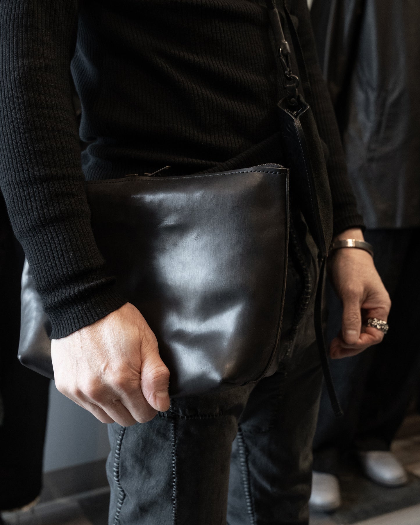 Black Italian Horsehide Zipper Clutch Travel Bag
