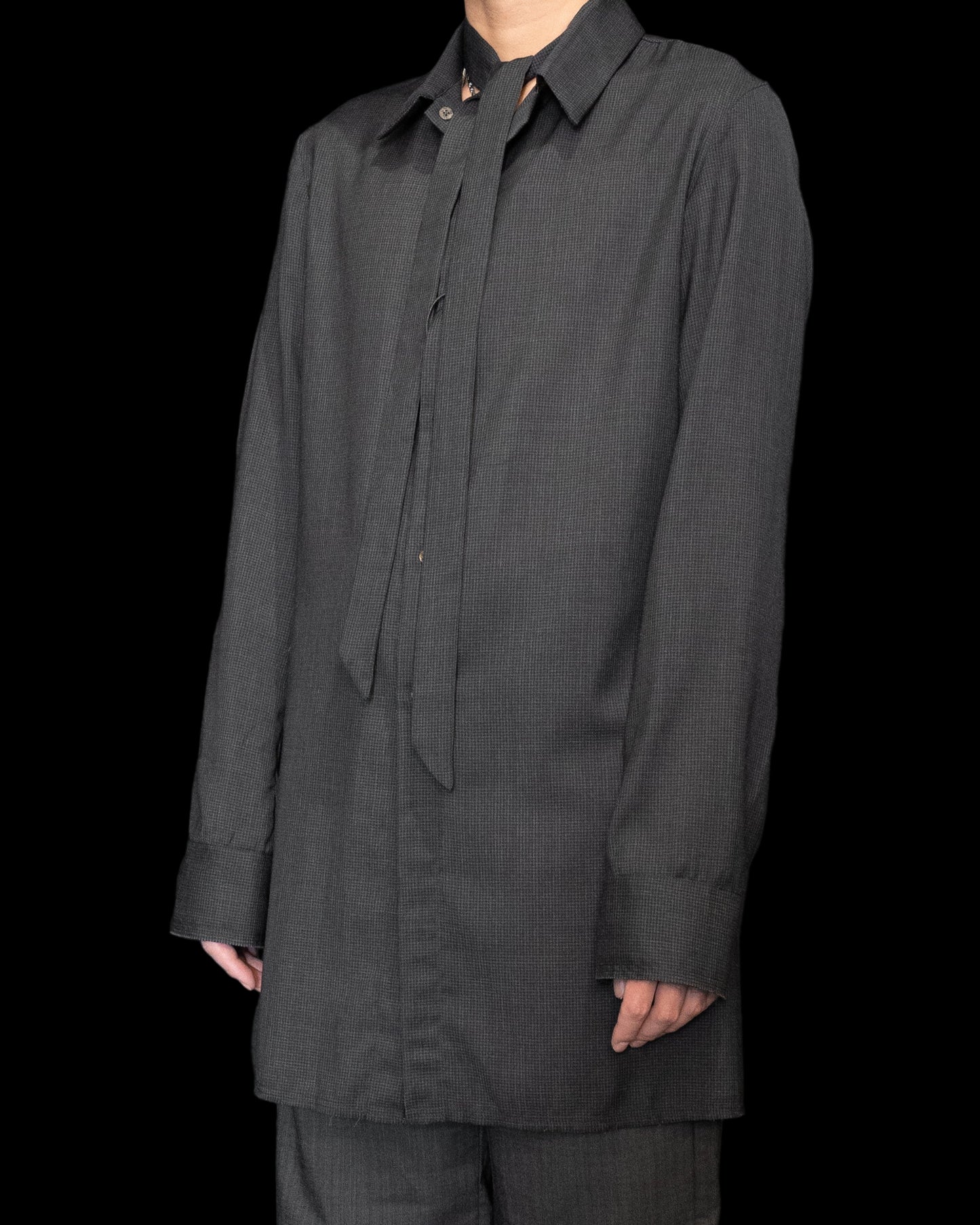 Off Black Tiny Check Long Shirt with Neck Scarf