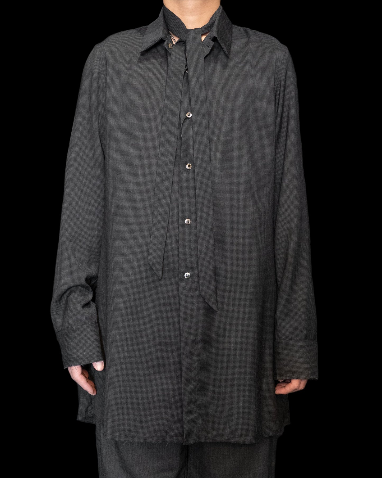 Off Black Tiny Check Long Shirt with Neck Scarf