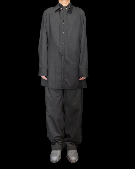 Off Black Tiny Check Long Shirt with Neck Scarf