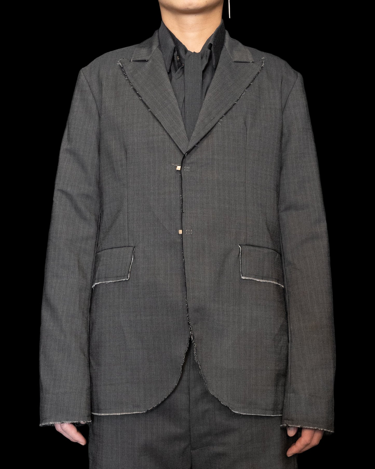 Dark Grey Silver Closure Raw Edge Peaked Lapel Blazer