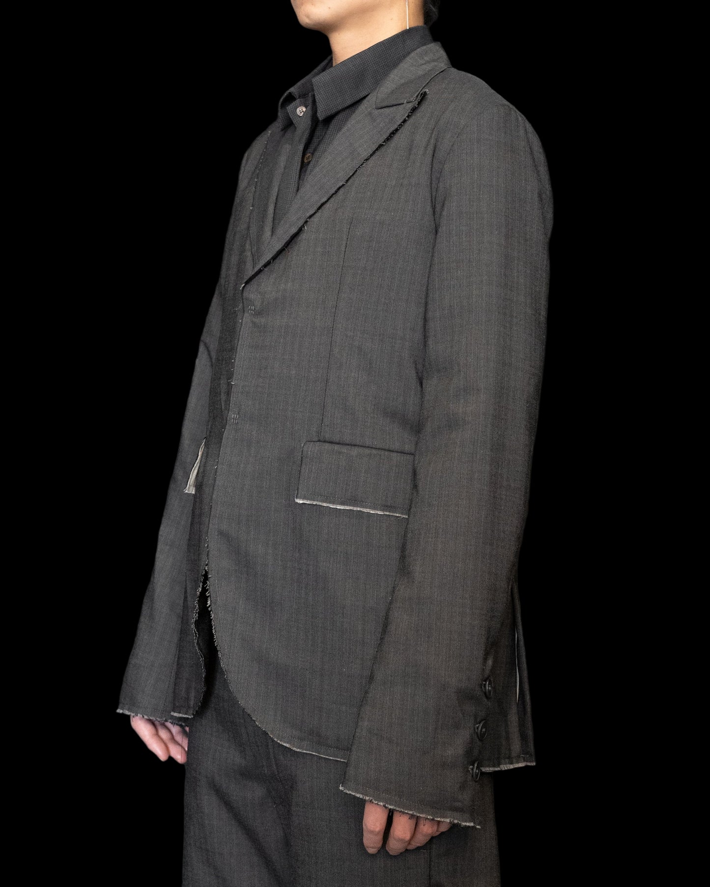 Dark Grey Silver Closure Raw Edge Peaked Lapel Blazer