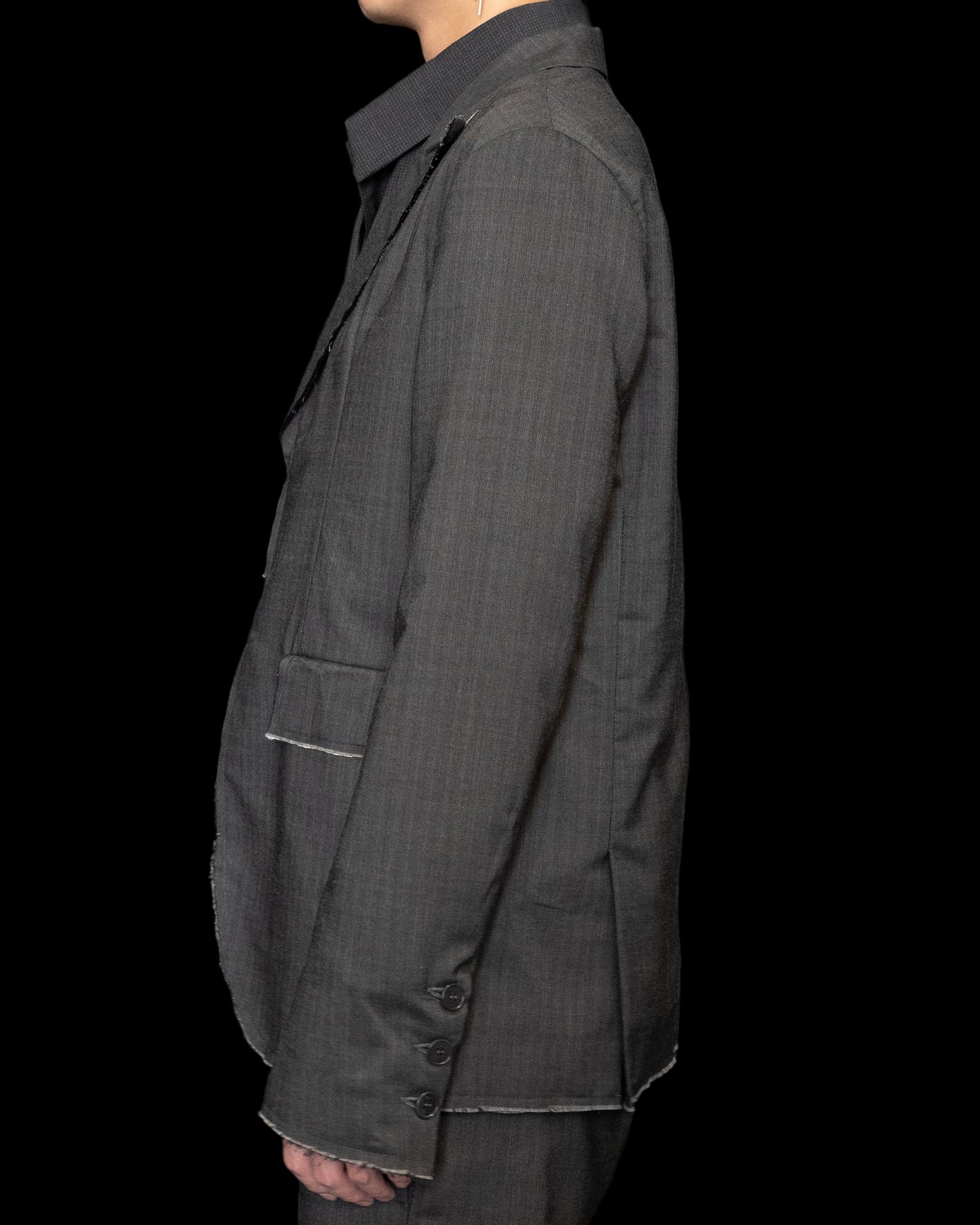 Dark Grey Silver Closure Raw Edge Peaked Lapel Blazer