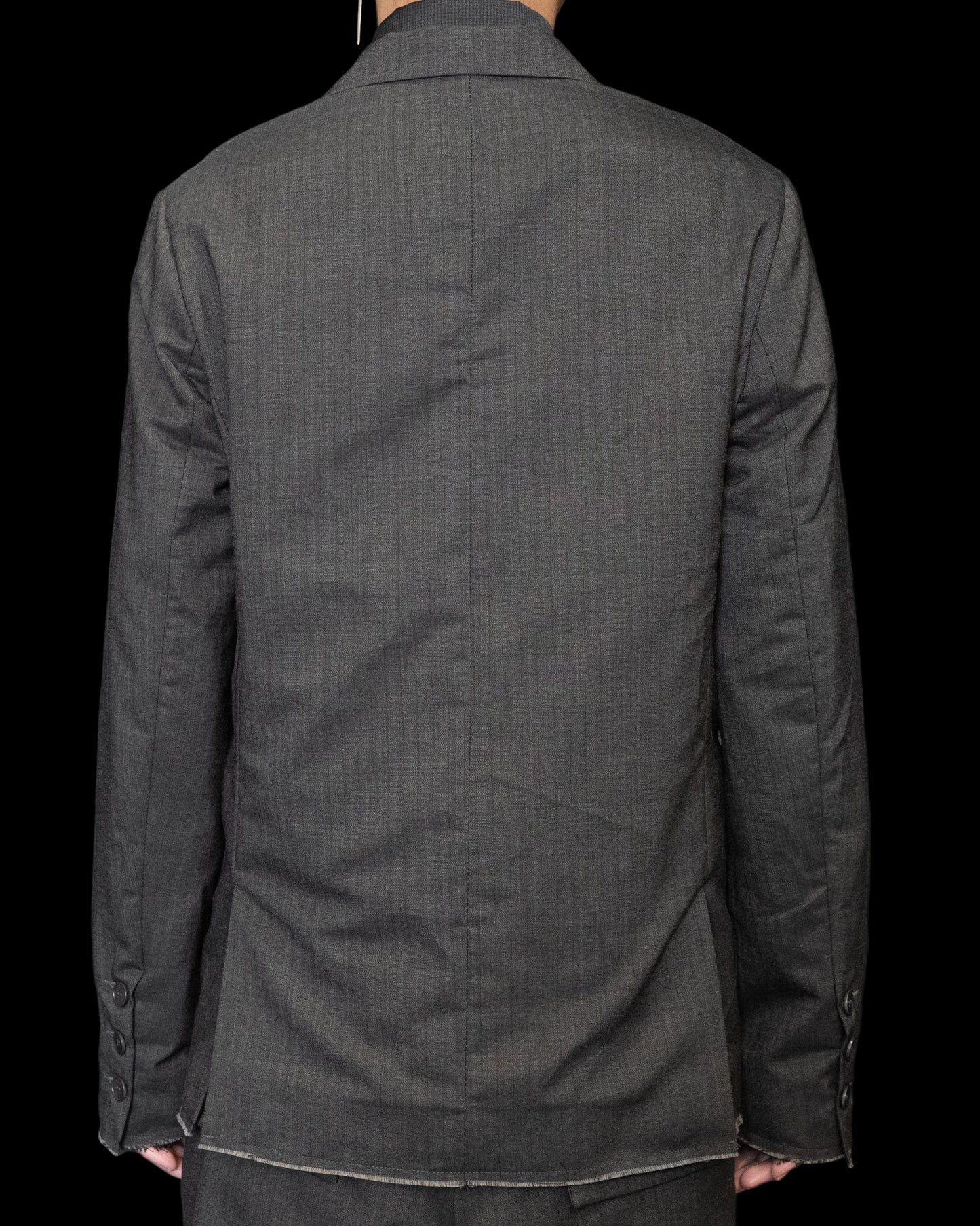 Dark Grey Silver Closure Raw Edge Peaked Lapel Blazer
