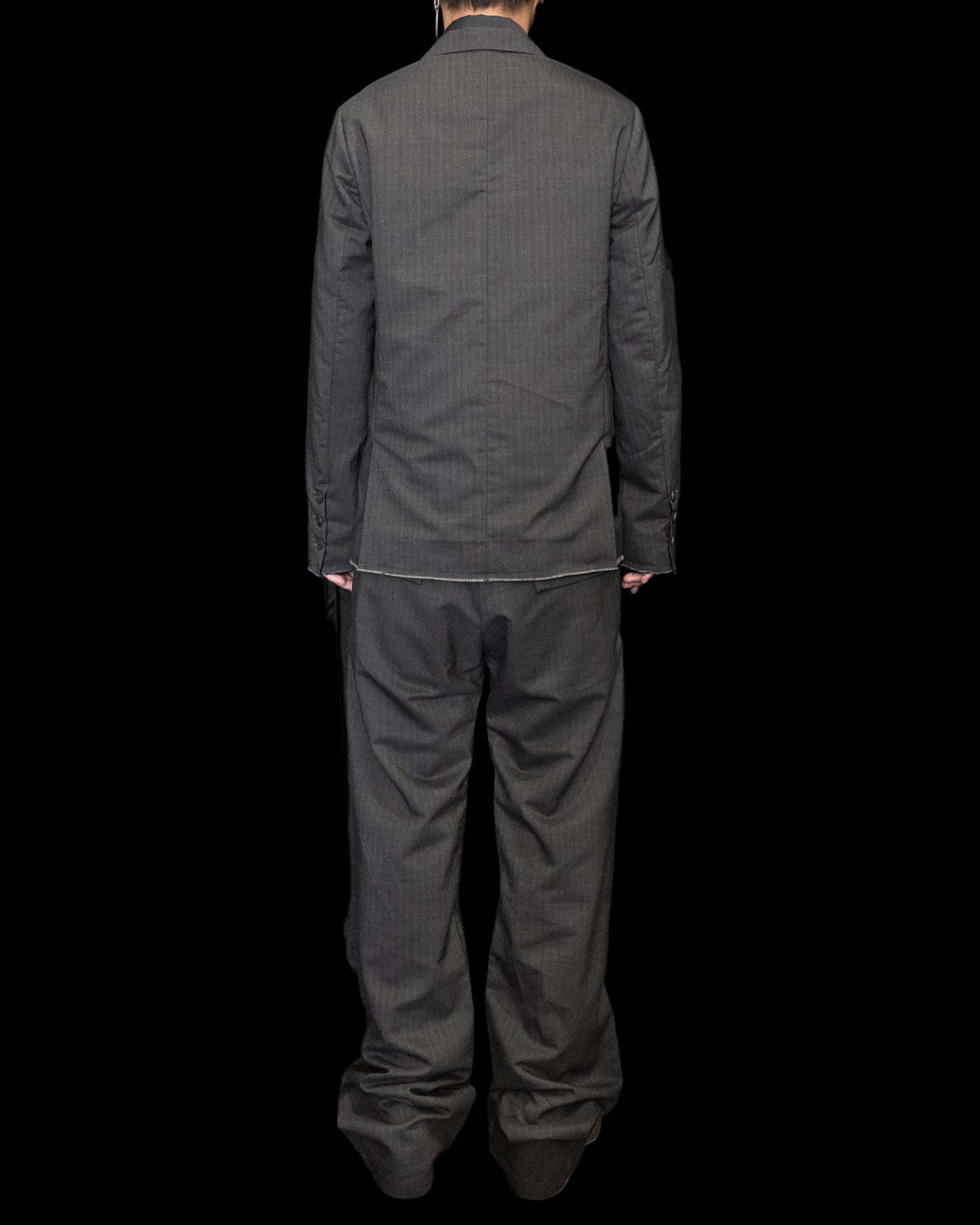 Dark Grey Silver Closure Raw Edge Peaked Lapel Blazer