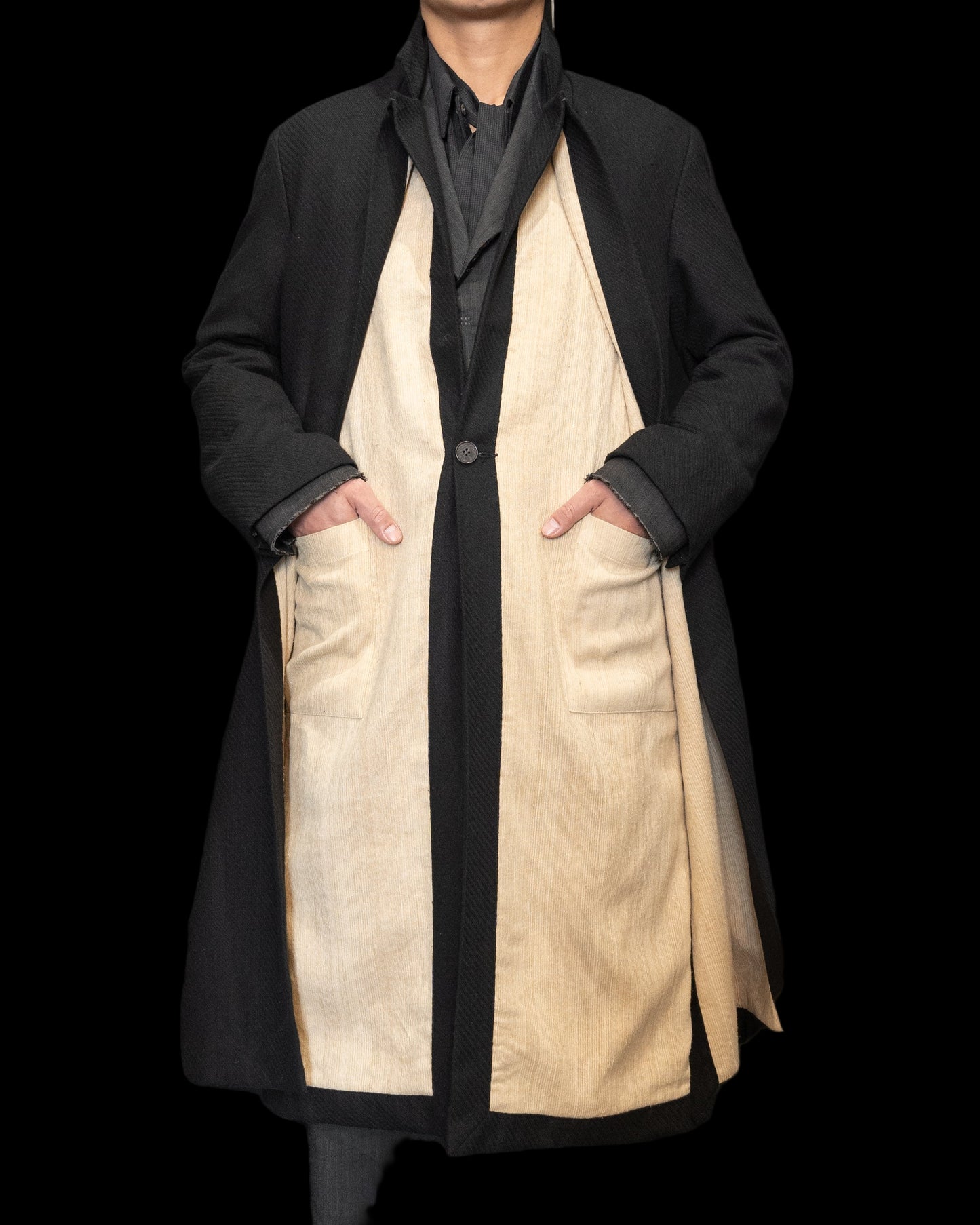 Off Black Unisex Relaxed Fit Adjustable Front Double Panel Coat