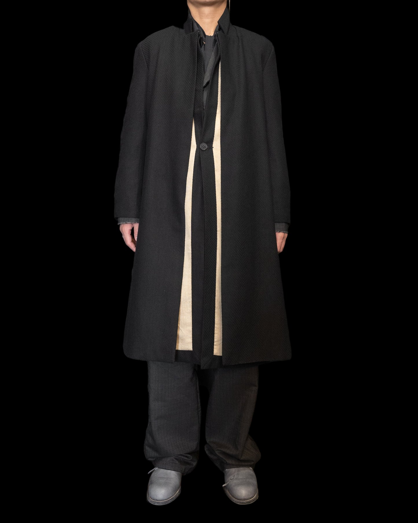 Off Black Unisex Relaxed Fit Adjustable Front Double Panel Coat