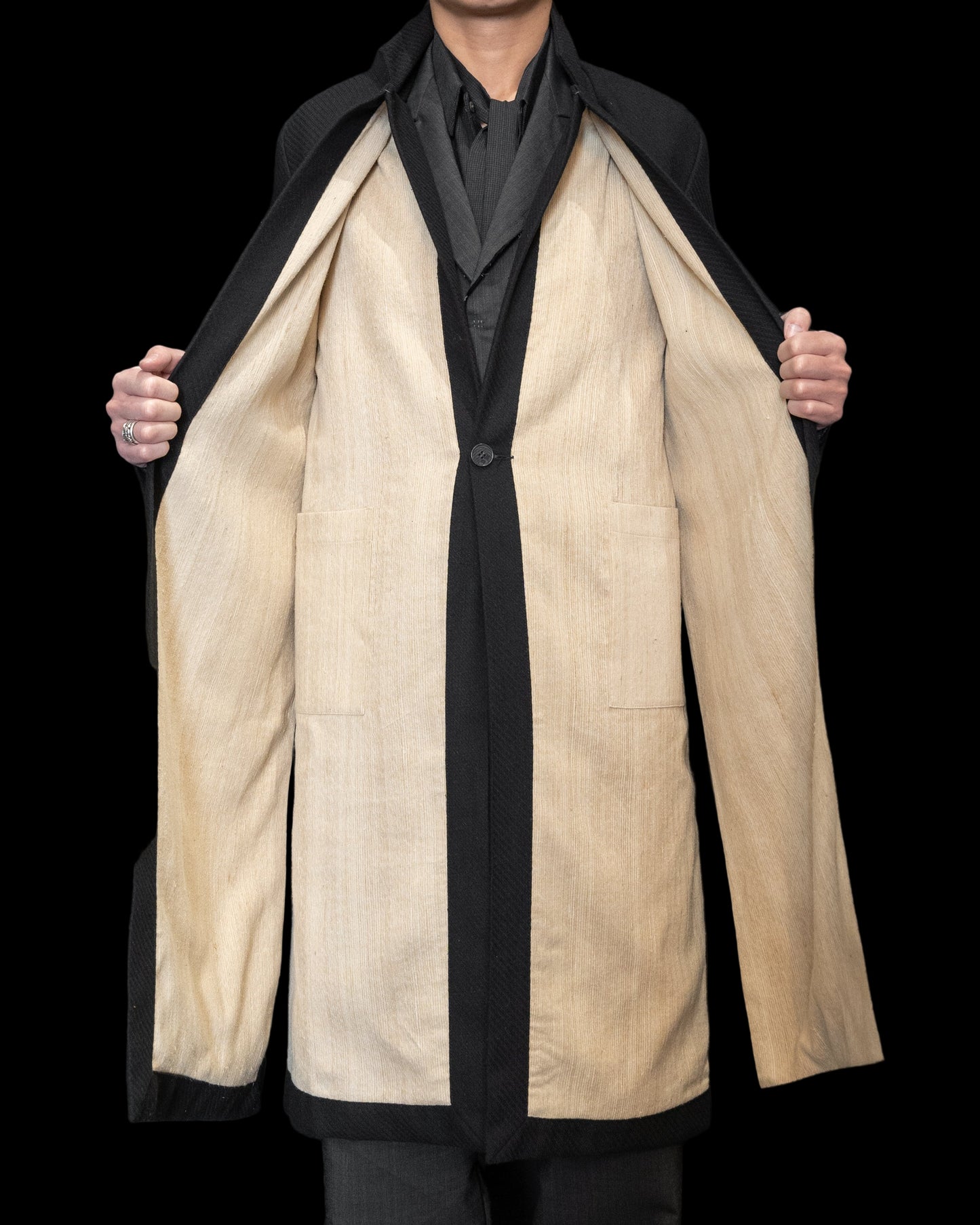 Off Black Unisex Relaxed Fit Adjustable Front Double Panel Coat