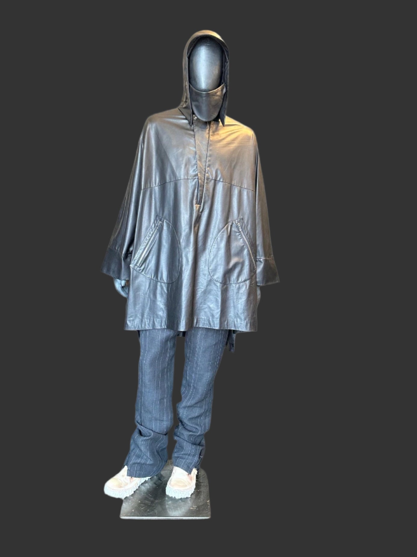 Black Luster Soft Steer Leather Hooded Smock Poncho