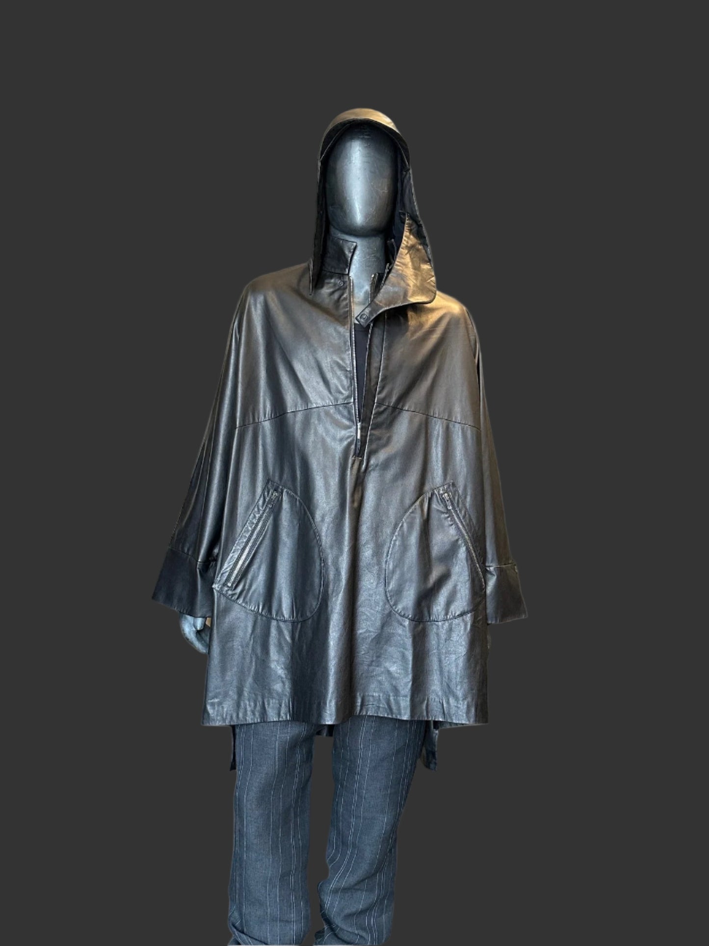 Black Luster Soft Steer Leather Hooded Smock Poncho