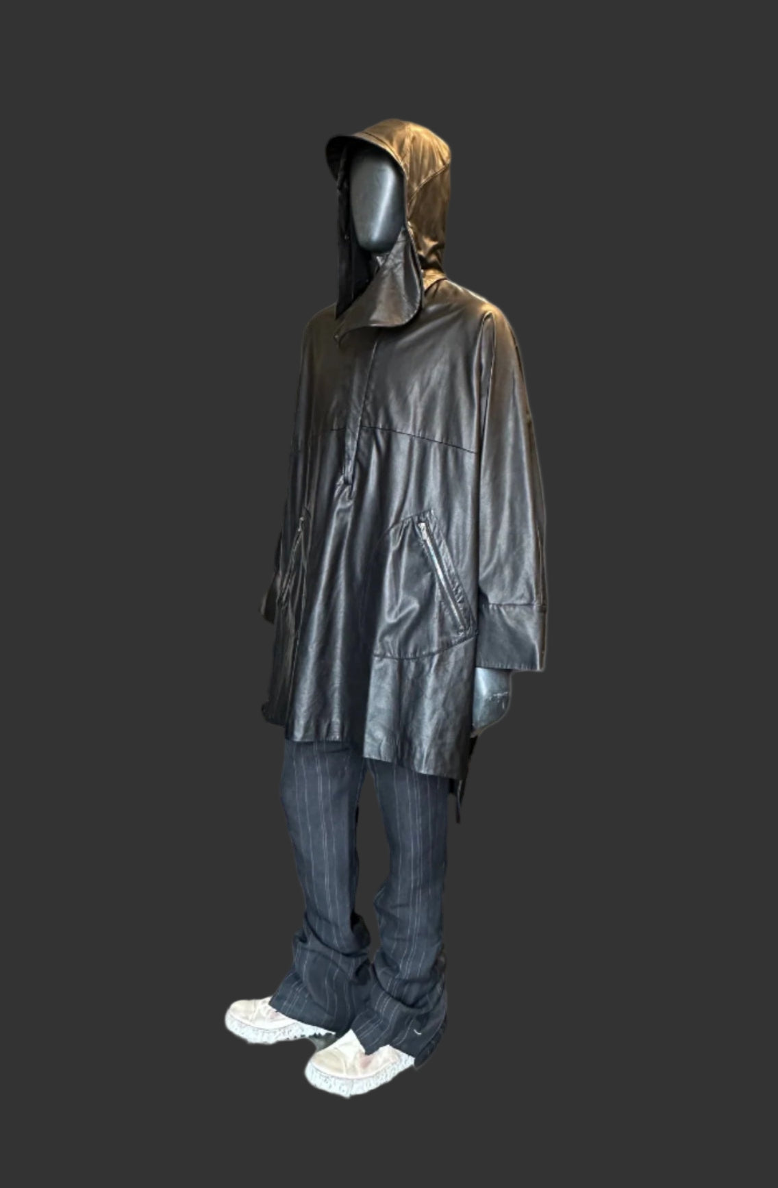 Black Luster Soft Steer Leather Hooded Smock Poncho