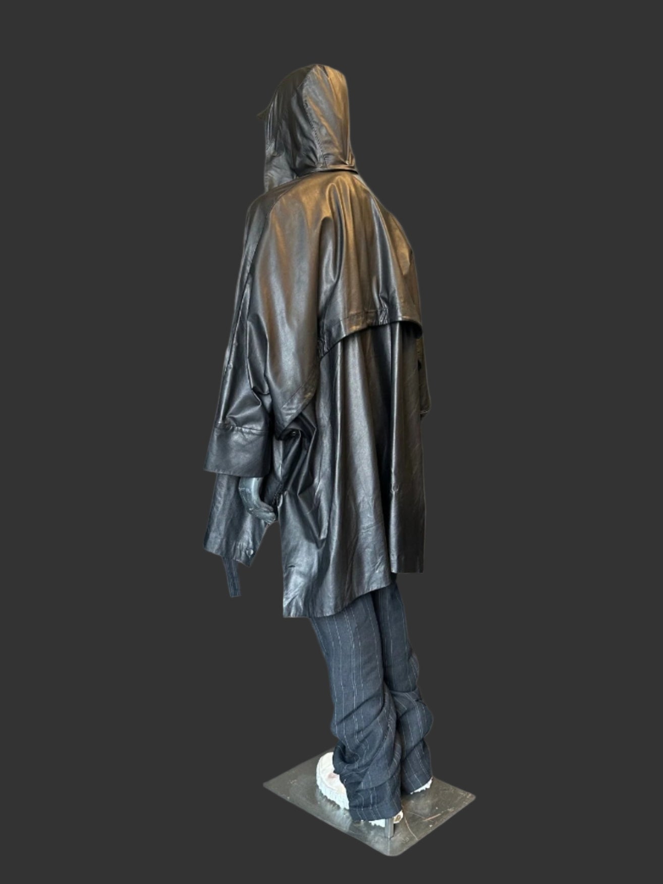 Black Luster Soft Steer Leather Hooded Smock Poncho